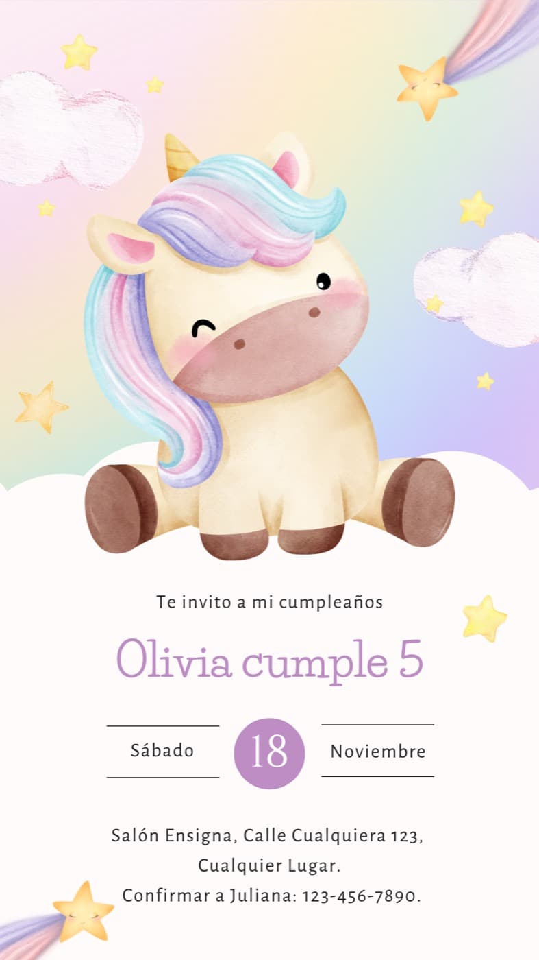 Kids invitation — Birthday — Unicorn — Olivia